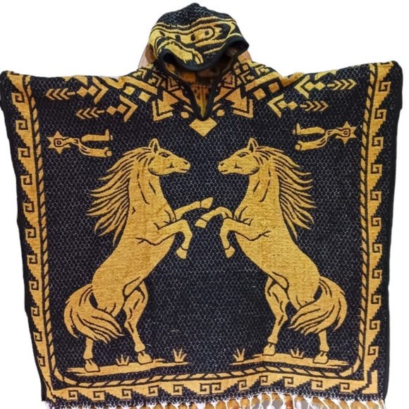 Other - Authentic Mexican Gaban with Hoodie | Jorongo | Pancho | Horse Design | GOLD